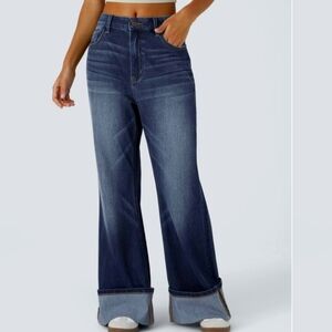 HALARA Flex Stretchy Knit Wide Leg Casual Jeans with Folded Cuffs L